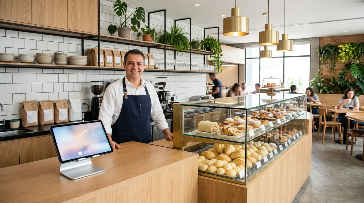 Padaria e cafeteria moderna, com balcão de madeira clara, vitrine de vidro cheia de pães e doces bem arrumados, o dono sorrindo atrás do balcão e um tablet servindo de frente de caixa.