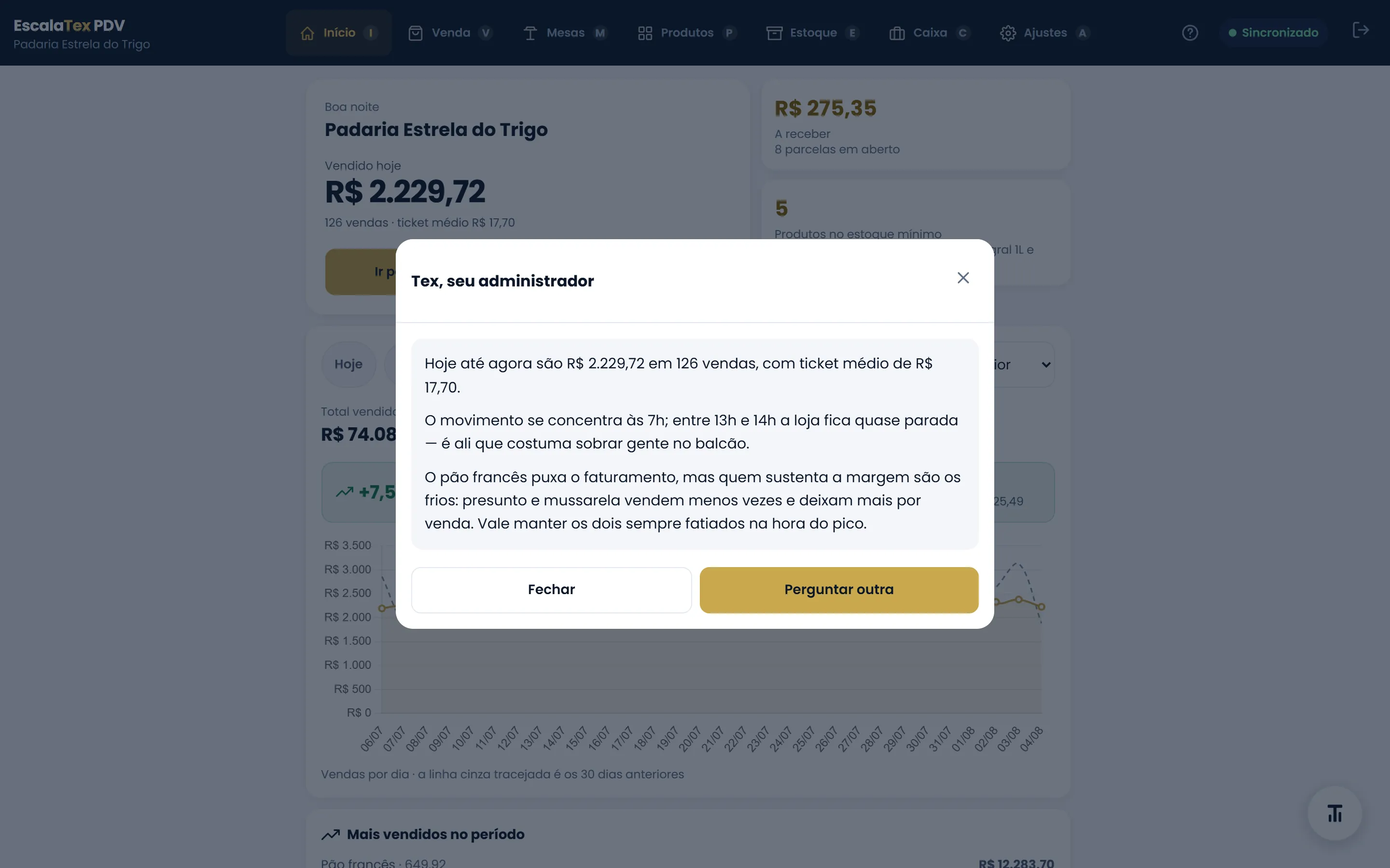 Tela do consultor Tex no EscalaTex respondendo uma pergunta do dono com base nos números reais do caixa e das despesas.